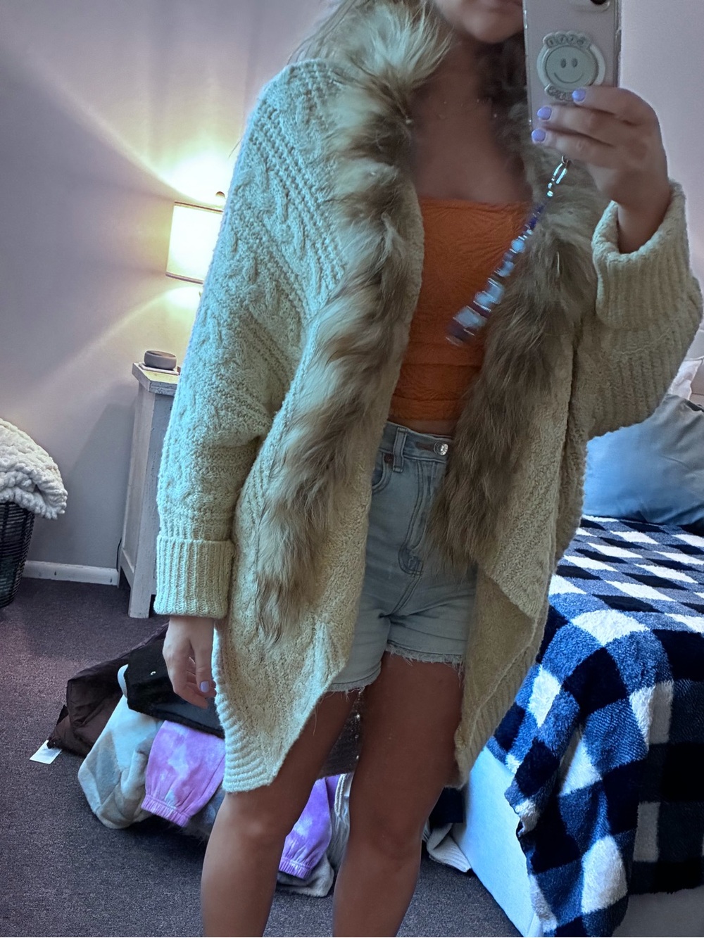 Vici Cream Faux-Fur Trim Open Knit Cardigan